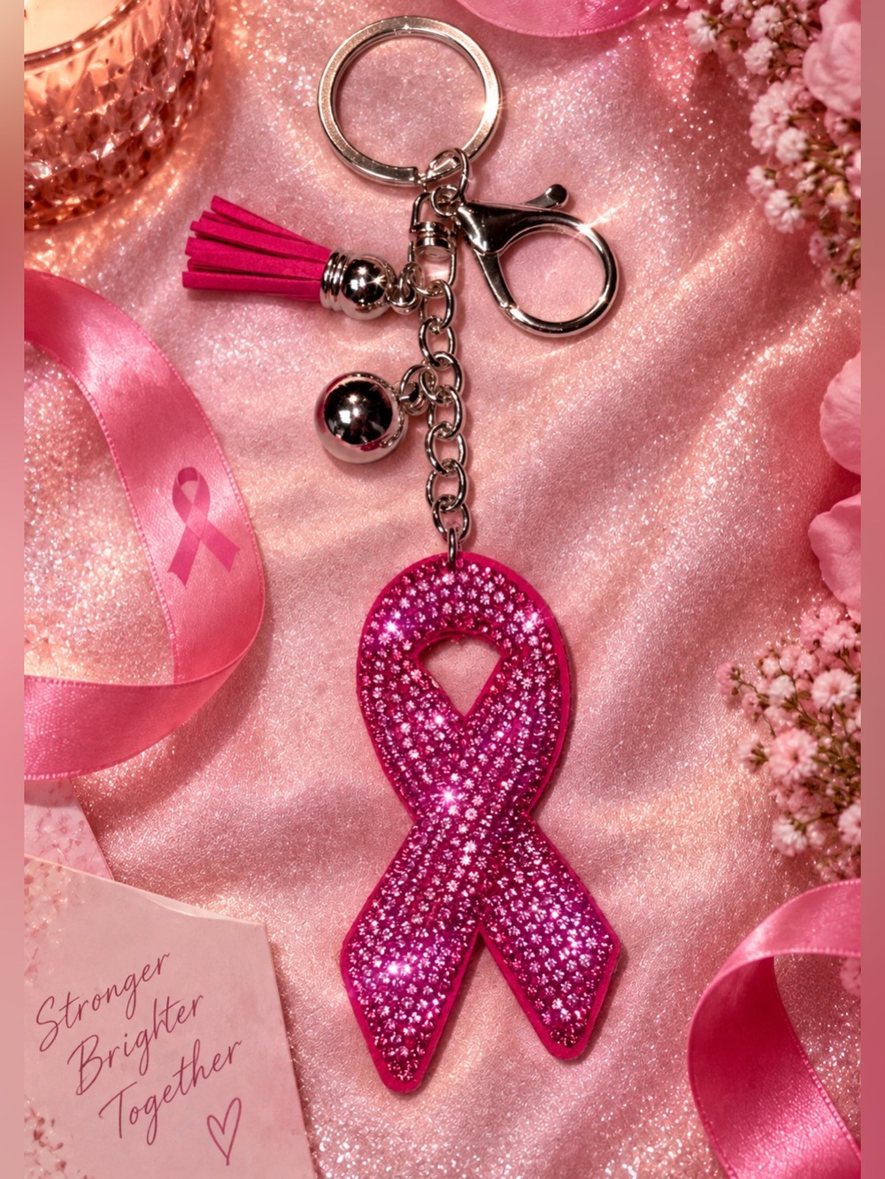 Pink Rhinestone Breast Cancer Awareness Ribbon Soft Bag Charm